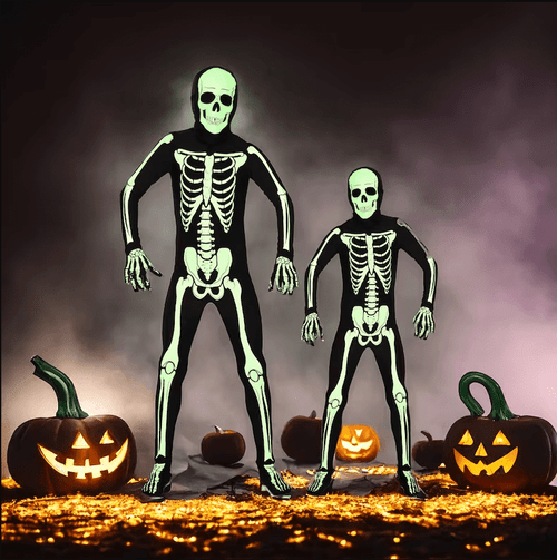 Glow-in-the-Dark Halloween Skeleton Costume - Full Body Skull & Bones Skin Suit - 7 sizes for All Ages - Zentai Spandex Zippered Design