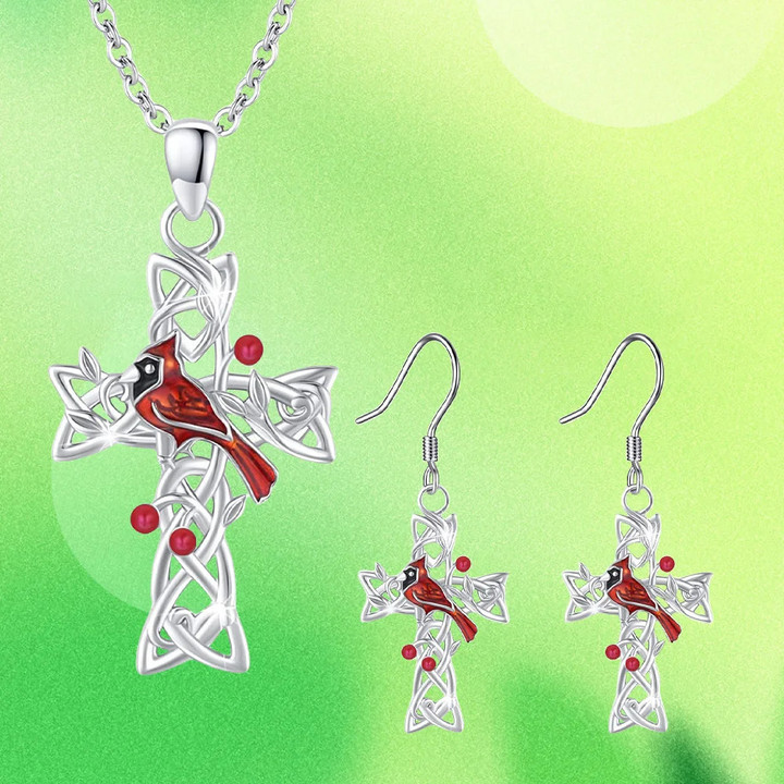 3pcs/set, Cardinal Bird Hollow Cross Earrings and Necklace Set, Birthday Gifts for Family and Friends Anniversary Party Gifts