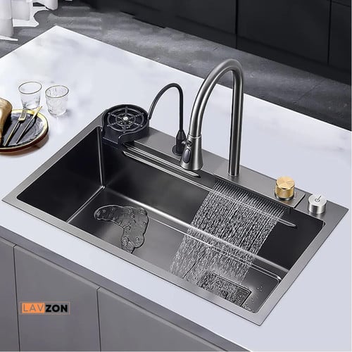 Lavzon Multifunctional Kitchen Sink Stainless Steel Waterfall Dishwashing Basin Basement Vegetable Wash Basin Cup Automatic