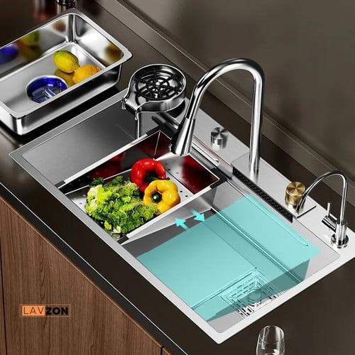 Lavzon Premium Luxury Waterfall Kitchen Sink 3MM Thickness Large Single Slot Above Mount Waterfall Faucet