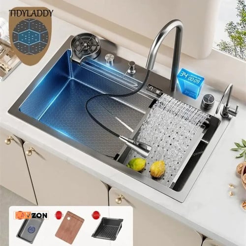 Lavzon Premium Luxury Waterfall Kitchen Sink Embossed Honeycomb Multifunction Digital Display Large Single Slot Kitchen Sink