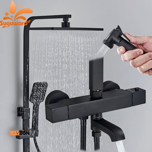 Lavzon Premium Luxury Black Shower Faucet Set with Sprayer Rainfall Brass Wall Mount Cold Hot Water Mixer Bathroom Crane