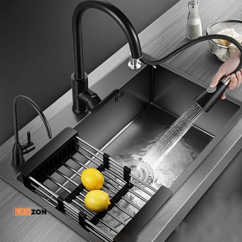 Lavzon Premium Luxury Kitchen Sink Black Nano Kitchen Sink Thicken Hand- Slot Above Mount Pull Out Faucet