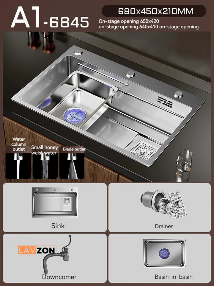 Lavzon Premium Luxury Waterfall Kitchen Sink 3MM Thickness Large Single Slot Above Mount Waterfall Faucet