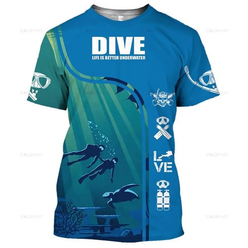 Summer new men's underwater world diving 3D printed T-shirt sports casual O collar short-sleeved baggy top