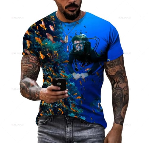 Fashionable Fun Diving Series Pattern Men's Printed T-shirt Popular Harajuku Round Neck Comfortable Loose Short Sleev