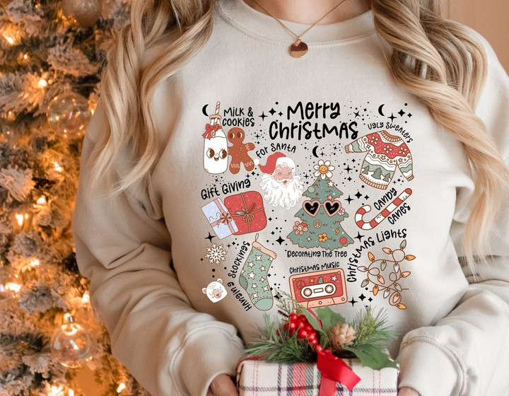 Retro Christmas Sweatshirt, Cute Christmas Elements, Christmas Sweatshirt, Gift Idea, Minimal Christmas Design, Christmas Gift for Her