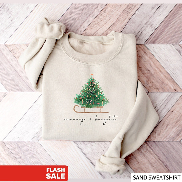 Christmas Tree Sweatshirt, Christmas Crewneck Merry and Bright Christmas Shirts for Women, Family Christmas Sweater