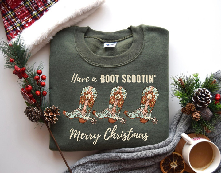 Western Christmas Sweatshirt, Have a Boot Scootin Merry Christmas Sweater, Cowgirl Christmas Shirt, Bucking Horse, Christmas Tree Sweatshirt