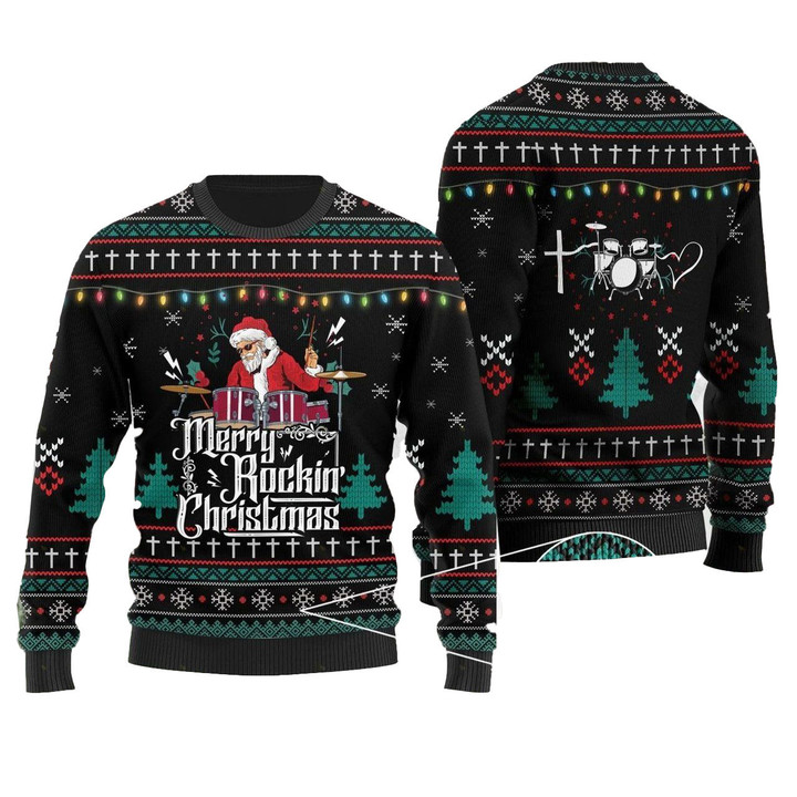 Drummer Merry Rockin Christmas Pattern Black Ugly Wool Christmas Sweater Pullover Long Sleeve Sweater For Men Women, Couple Matching, Friends