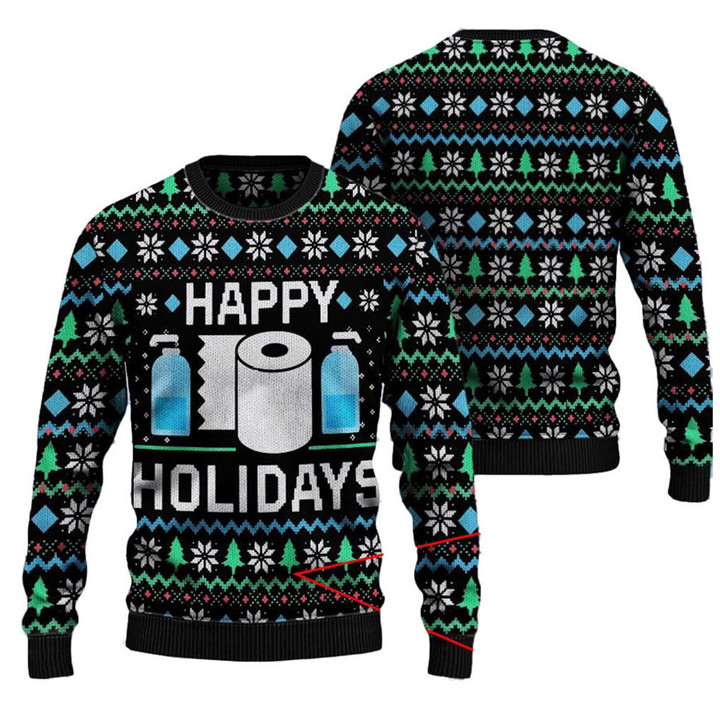 Happy Holiday Winter Pattern On Black Ugly Wool Christmas Sweater Pullover Long Sleeve Sweater For Men Women, Couple Matching, Friends