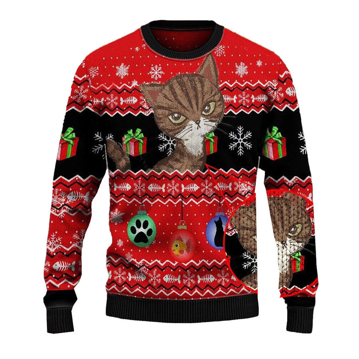 Brown Cat And Present Christmas Pattern On Red Ugly Wool Christmas Sweater Pullover Long Sleeve Sweater For Men Women, Couple Matching, Friends