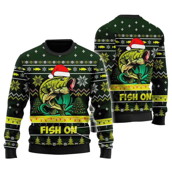 Fish On Christmas Pattern Green Ugly Wool Christmas Sweater Pullover Long Sleeve Sweater For Men Women, Couple Matching, Friends