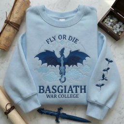 Fourth Wing Embroidered Sweatshirt, Fly Or Die Basgiath War College Embroidered Hoodie, Light Blue Version