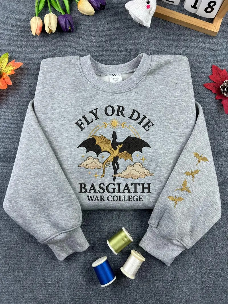 Fourth Wing Embroidered Sweatshirt, Fly Or Die Basgiath War College Embroidered Hoodie, Dragon Rider