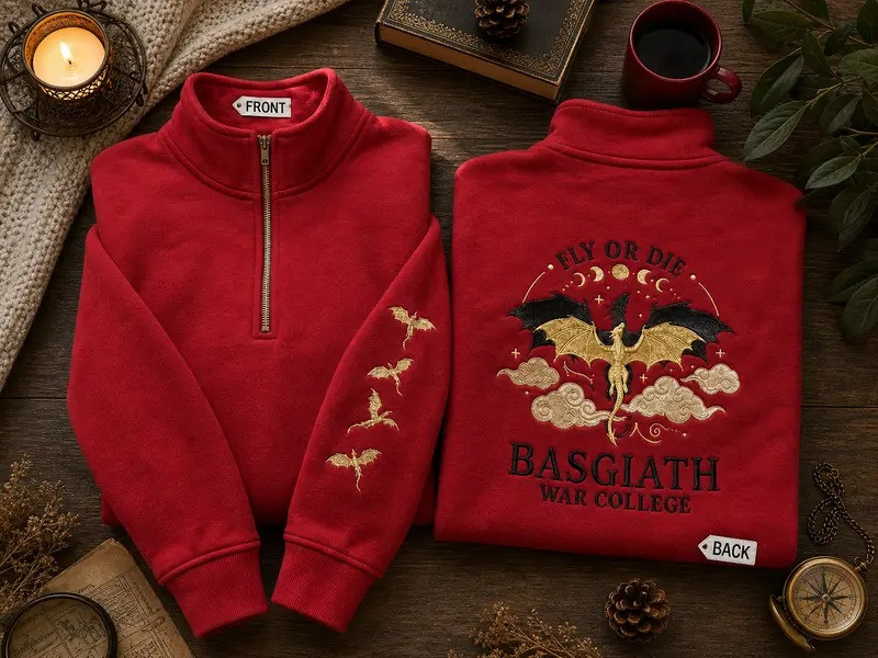 Fourth Wing Embroidered Sweatshirt, Basgiath War College Embroidered Hoodie, Fly Or Die Embroidered Quarter Zip