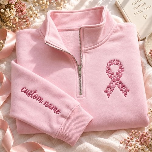 Breast Cancer Awareness Embroidered Quarter Zip, Pink Ribbon Embroidered Sweatshirt, Personalized Warrior Name Sleeve Embroidered Hoodie, October Support Gift Embroidered Gingham Sweatshirt, Gift For Her Embroidered Mockneck Sweatshirt