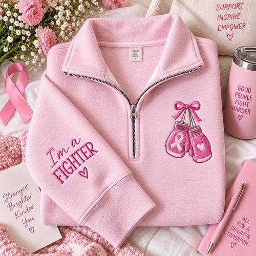 Breast Cancer Awareness Embroidered Quarter Zip, Pink Ribbon Embroidered Sweatshirt, Cancer Fighter Embroidered Hoodie, October Support Gift Embroidered Gingham Sweatshirt, Gift For Her Embroidered Mockneck Sweatshirt