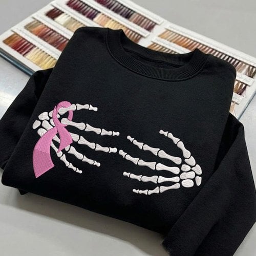 Breast Cancer Awareness Embroidered Tshirt, Skeleton Hand Embroidered Sweatshirt, Pink Ribbon Embroidered Hoodie, October Support Gift Embroidered Gingham Sweatshirt, Gift For Her Embroidered Mockneck Sweatshirt