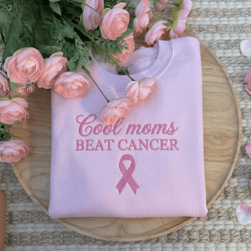 Breast Cancer Awareness Embroidered Tshirt, Cool Moms Beat Cancer Embroidered Sweatshirt, Pink Ribbon Embroidered Hoodie, October Support Gift Embroidered Gingham Sweatshirt, Gift For Her Embroidered Mockneck Sweatshirt