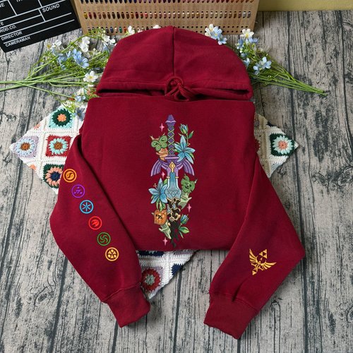 Zelda Master Sword Triforce Embroidered Hoodie, Triforce Hylian Crest Shirt, Tears of the Kingdom Inspired, Hyrule Gaming Gift For Gamer