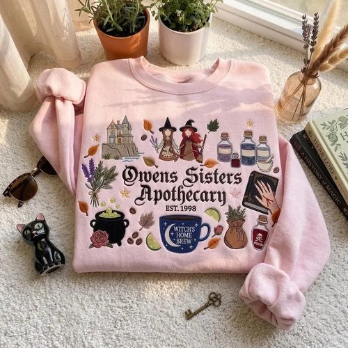 Practical Magic Embroidered Tshirt, Midnight Margaritas Embroidered Sweatshirt, Owens Sisters Embroidered Hoodie, Witchy Embroidered Gingham Sweatshirt, Coconut Embroidered Mockneck Sweatshirt