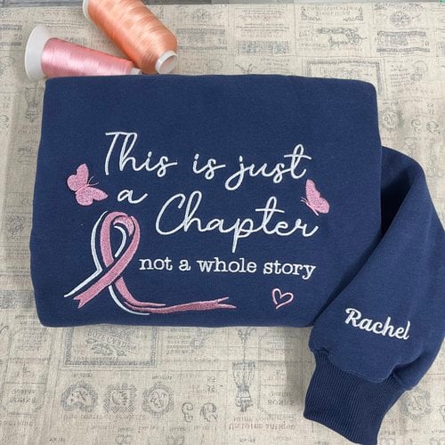 Breast Cancer Awareness Embroidered Sweatshirt, This Is Just A Chapter Not The Whole Story Embroidered Hoodie, Pink Ribbon Embroidered Gingham Sweatshirt, Gift For Her Embroidered Mockneck Sweatshirt