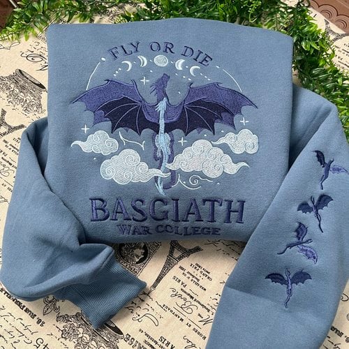 Fourth Wing Embroidered Sweatshirt, Fly Or Die Basgiath War College Embroidered Hoodie, Light Blue Version