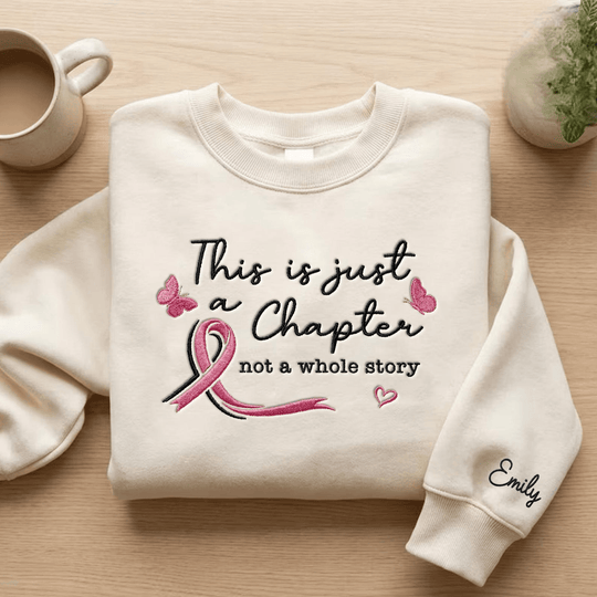 Breast Cancer Awareness Embroidered Sweatshirt, This Is Just A Chapter Not The Whole Story Embroidered Hoodie, Pink Ribbon Embroidered Gingham Sweatshirt, Gift For Her Embroidered Mockneck Sweatshirt