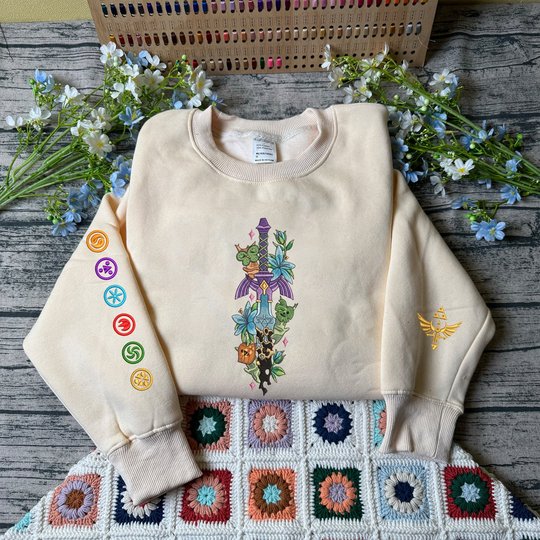 Zelda Master Sword Triforce Embroidered Hoodie, Triforce Hylian Crest Shirt, Tears of the Kingdom Inspired, Hyrule Gaming Gift For Gamer