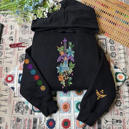 Zelda Master Sword Triforce Embroidered Hoodie, Triforce Hylian Crest Shirt, Tears of the Kingdom Inspired, Hyrule Gaming Gift For Gamer
