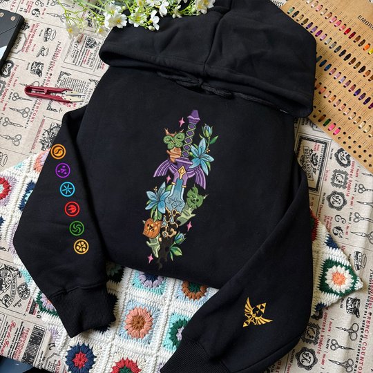 Zelda Master Sword Triforce Embroidered Hoodie, Triforce Hylian Crest Shirt, Tears of the Kingdom Inspired, Hyrule Gaming Gift For Gamer