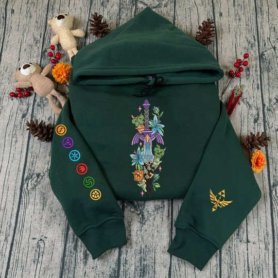 Zelda Master Sword Triforce Embroidered Hoodie, Triforce Hylian Crest Shirt, Tears of the Kingdom Inspired, Hyrule Gaming Gift For Gamer