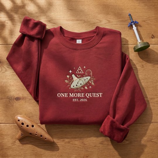 Zelda Ocarina Embroidered Sweatshirt | One More Quest Crewneck | Triforce Gamer Hoodie | Retro Gaming Gift Apparel