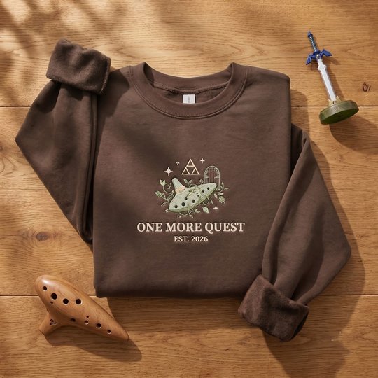 Zelda Ocarina Embroidered Sweatshirt | One More Quest Crewneck | Triforce Gamer Hoodie | Retro Gaming Gift Apparel