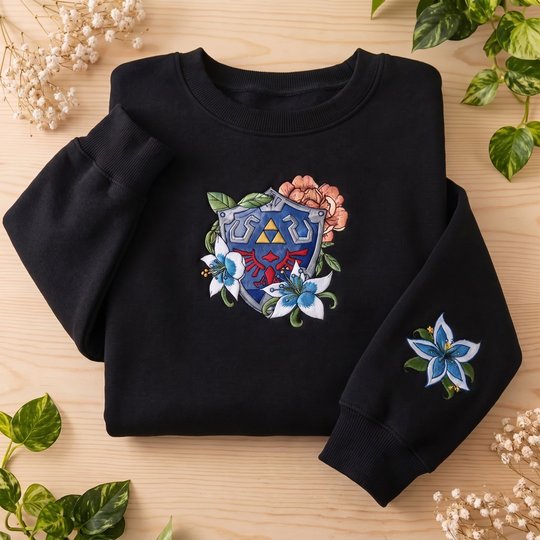 Zelda Hylian Shield Sweatshirt, Silent Princess Floral Embroidery, Totop/BotW Gamer Merch, Fantasy Video Game Gift, Cute Geek Apparel