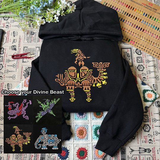 Divine Beasts The Legend of Zelda Embroidered Sweatshirt And Hoodie, Zelda Breath of the Wild Crewneck, Triforce Hylian Crest, Gamer Gift