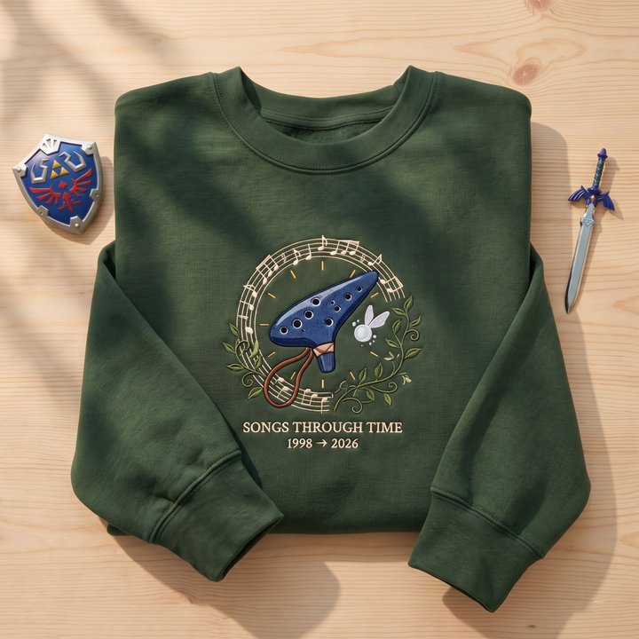 Zelda Ocarina of Time Embroidered Sweatshirt, Retro Gaming Hoodie, Songs Through Time Tee, Gamer Gift, Nostalgic Video Game Apparel