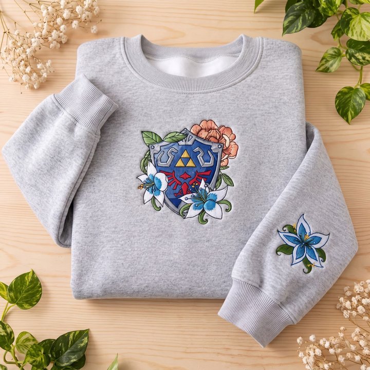 Zelda Hylian Shield Sweatshirt, Silent Princess Floral Embroidery, Totop/BotW Gamer Merch, Fantasy Video Game Gift, Cute Geek Apparel
