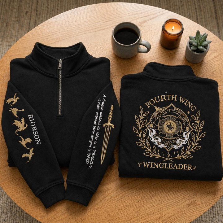 Fourth Wing Embroidered Quarter Zip, Dragon Rider Embroidered Sweatshirt, Wingleader Embroidered Hoodie, Basgiath War College Embroidered Gingham Sweatshirt, Xaden Riorson Embroidered Mockneck Sweatshirt