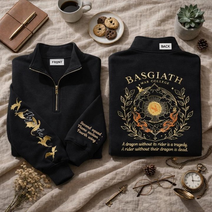 Fourth Wing Embroidered Quarter Zip, Dragon Rider Embroidered Sweatshirt, Wingleader Embroidered Hoodie, Second Squad Flame Section Embroidered Gingham Sweatshirt, Basgiath War College Embroidered Mockneck Sweatshirt