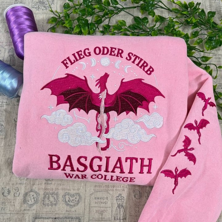 Fourth Wing Flammengeküsst Embroidered Sweatshirt, Fly Or Die Flieg oder stirb Embroidered Hoodie, Wingleader Geschwaderführer Embroidered Gingham Sweatshirt, Basgiath War College Embroidered Mockneck Sweatshirt, Pink Version