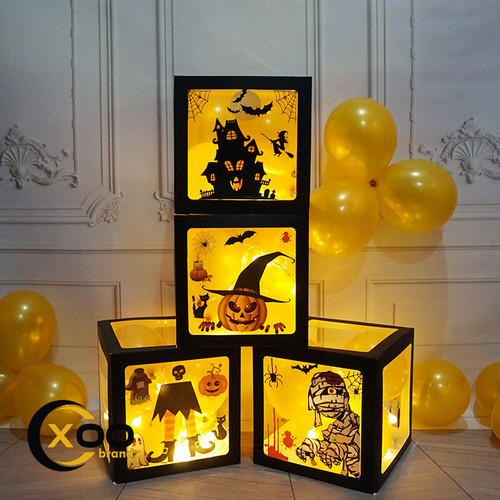 Halloween Balloon Boxes Black Transparent Box Block With Ghost Pumpkin Horror Sticker Gift For Halloween Party Decor Supply
