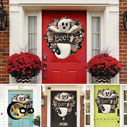 Halloween Wreath BOO Farmhouse-Ghost Wreath Outdoor Front Door Indoor Wall Decor Honeycomb Ghost Smiley Balloon For Halloween