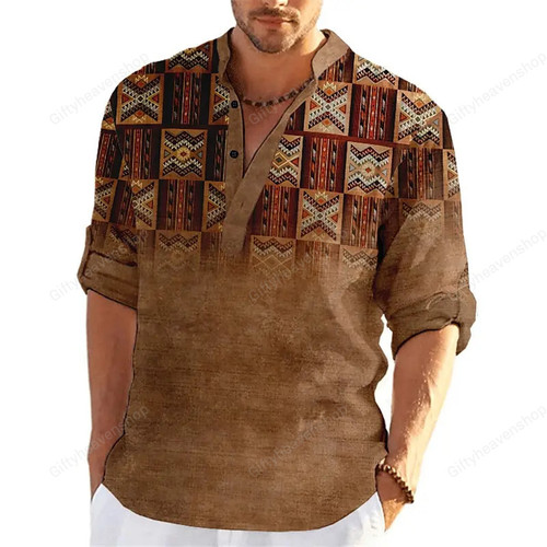 Tribal Ethnic Style 3D Print Vintage Henley Shirts Men's Casual Fashion Stand Collar Long Sleeve Shirt Tops Blouse Man Clothing