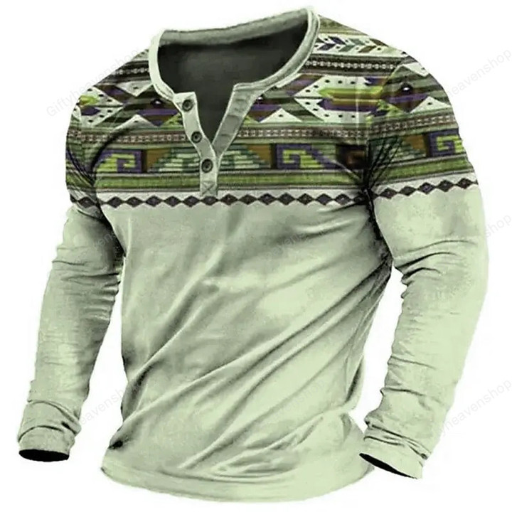 Tribal Ethnic Style 3D Printed Vintage Henley Shirts Men's Fashion Streetwear Button Long Sleeve T Shirt Tees Tops Man Clothing
