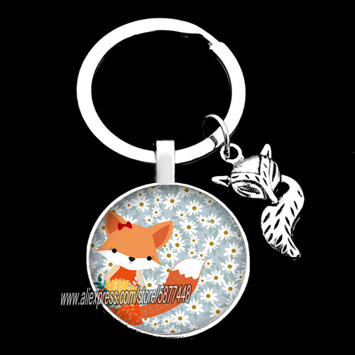 Cute Fox Picture Glass Convex Keychain Lovely Animal Pendant Key Ring Girls Christmas Gifts DIY Keychain