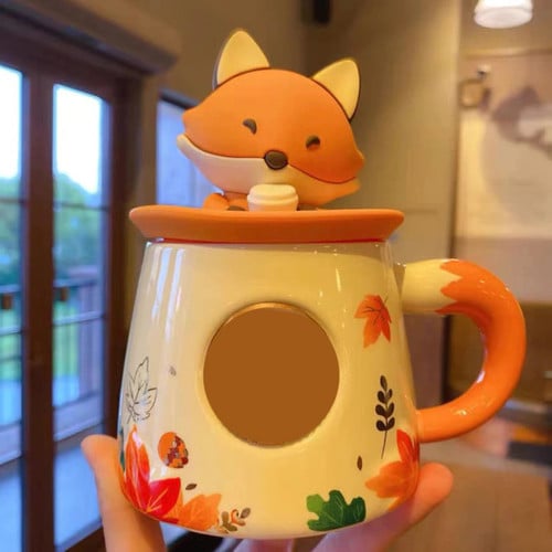 New autumn cute maple leaf forest autumn rabbit cute fox squirrel acorn ceramic mug cup set coffee mug with lid fall mug