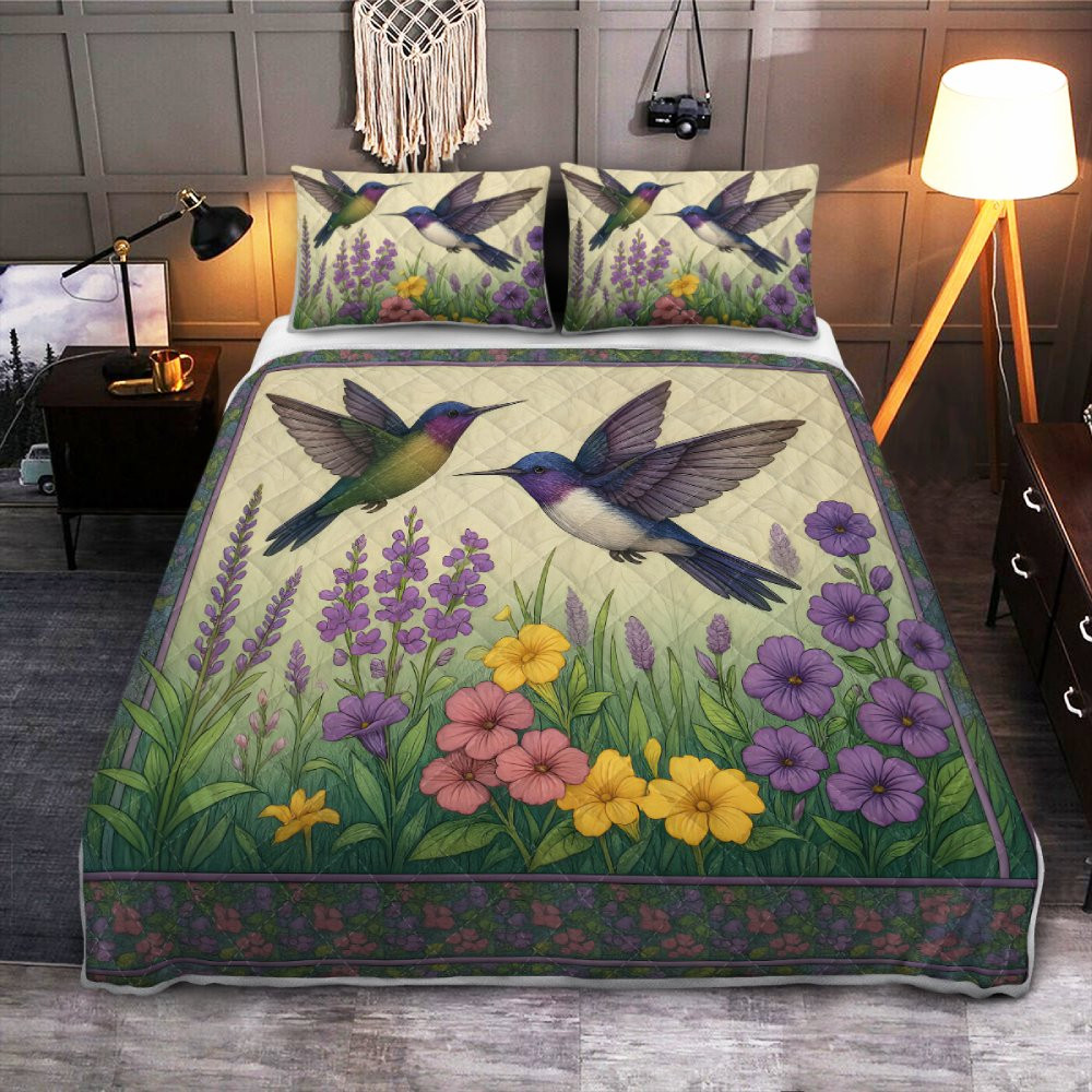 Hummingbird Quilt Bedding Set with Colorful Flowers and Bird Design (0 ...