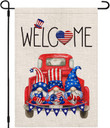 Independence Garden Flag,  4th of July American Garden Flag Gnome Truck Patriotic Welcome Burlap Garden Flag Double-Sided Holiday Outdoor Flag for Independence Day